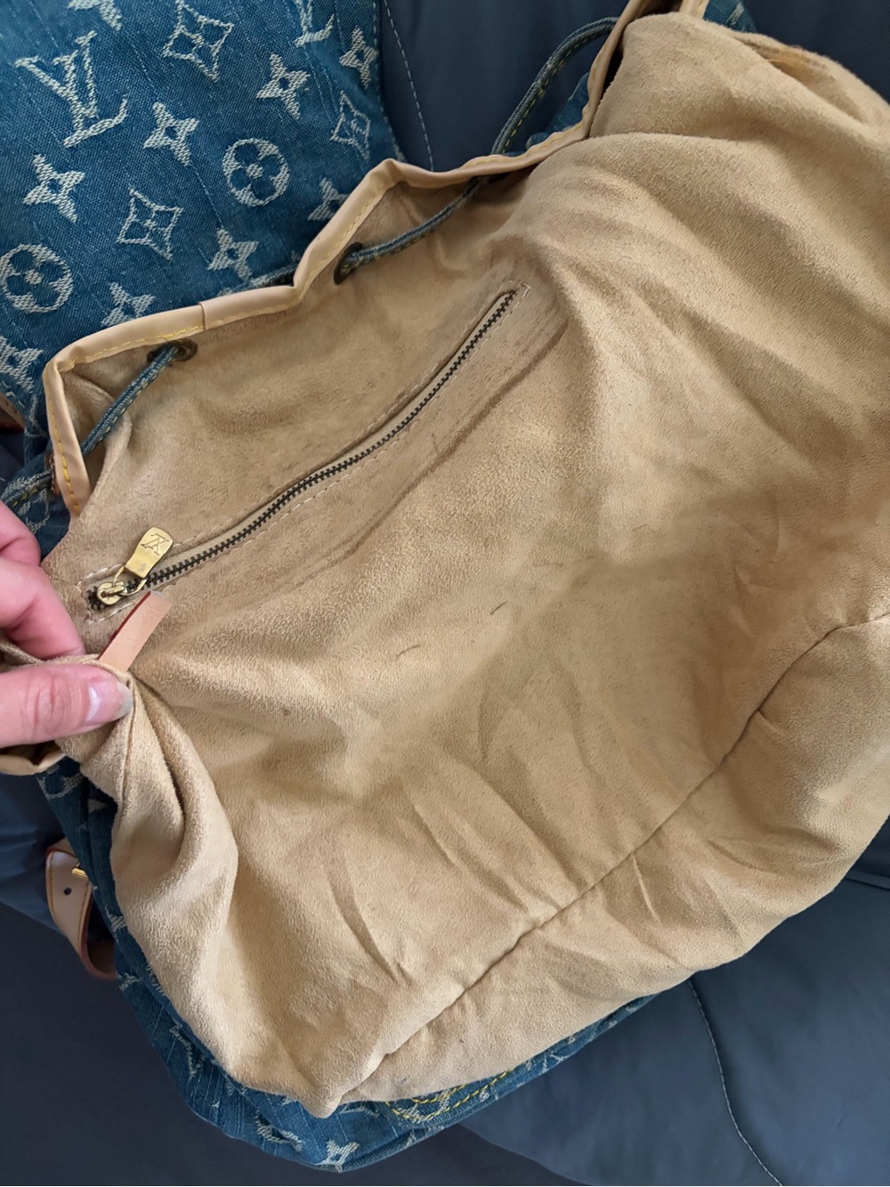 Stylish Fashion Denim Backpack with Tan Leather Trim - Picture 12 of 14
